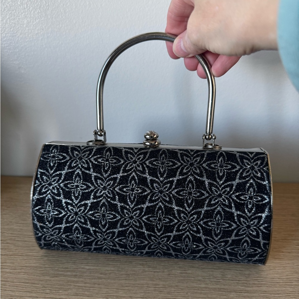 Black Floral Glitter Evening Handbag - Picture 3 of 7